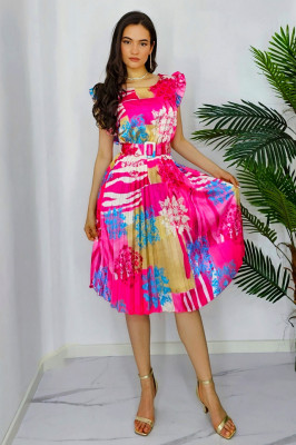 Rochie plisata Liliana, cu maneca scurta si volanase, Pink Fussion, Marime universala S/M2