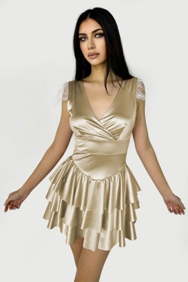 Rochie satinata Anisia, cu volane si detaliu din pene, Bej, Marimea S/M
