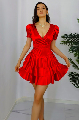 Rochie satinata Thora, cu volane si maneci scurte usor bufante, Rosu, Marimea S/M1
