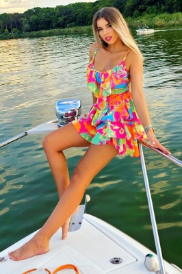 Rochie scurta AUGUSTina Print, cu imprimeu si volane asimetrice, Orange Countess, Marime S/M 1