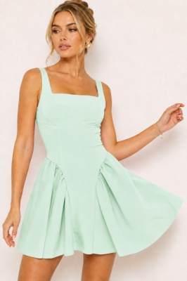Rochie scurta babydoll MARA, cu spatele gol si funda, Verde Fistic, Marime S/M/L