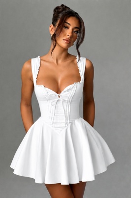 Rochie scurta babydoll SELVIA, cu nasturi si croi corsetat reglabil, ALB, Marime S/M