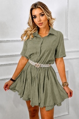 Rochie scurta, casual Peony, cu volane si revere, Verde Kaki, Marime S/M