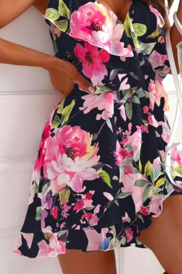 Rochie scurta din voal Yasemin, cu volane si imprimeu floral, Marime S/M 2