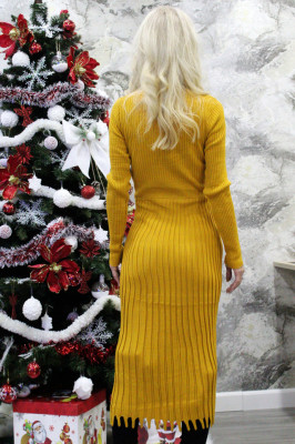 Rochie trei sferturi Quenea, tricotata, cambrata, material texturat elastic si franjuri, Galben, Marime: OneSize S/M/L1