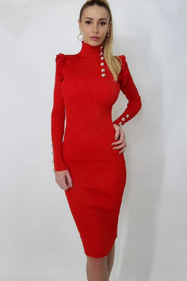 Rochie tricotata Quinn, midi, tip creion, accesorizata cu nasturi argintii, Rosu