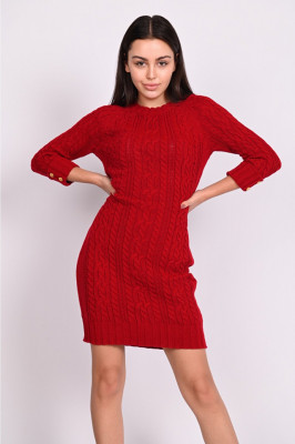 Rochie tricotata Raluca, cu maneca trei sferturi, Rosu2