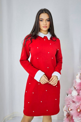 Rochie vatuita de zi, Spell, cu revere si perle artizanale, Rosu  2