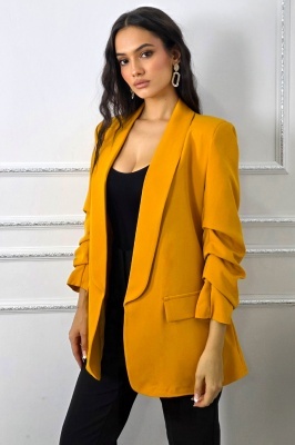 Sacou casual Alessia, cu revere si buzunare decorative, Galben Mustar, Marime S/M
