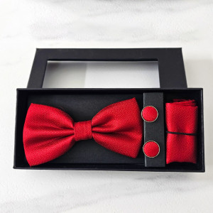 Set 3 piese Gentleman, pentru barbati, papion, buton si batista din stofa, Rosu