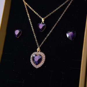 Set accesorii Danser a Deux, din inox, cu cercei, pandativ cu pietre si sirag cu doua lanturi, in cutie eleganta, Gold Heart Mov 3