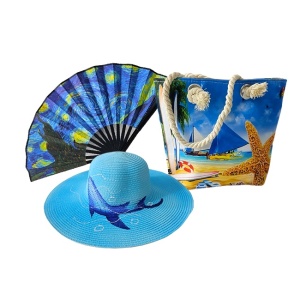 Set Summer, geanta mini pentru plaja, palarie si evantai, Noaptea înstelată, Shark