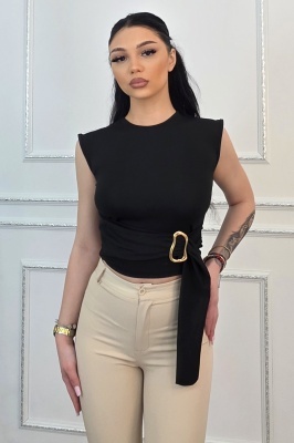 Top scurt elegant ARVEN, cu detaliu metalic auriu, Negru