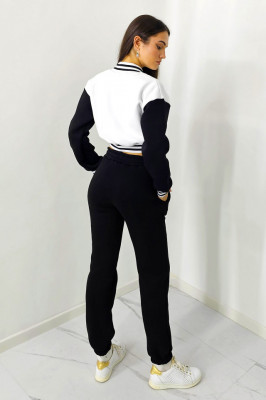 Trening bumbac vatuit College, bluza scurta cu fermoar si pantaloni, Negru spate