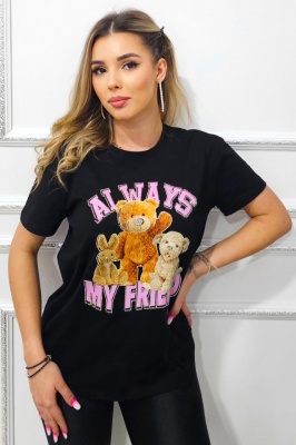 Tricou dama Neo-K, cu imprimeu ursuleti si cristale aplicate, Always My Friends, Negru