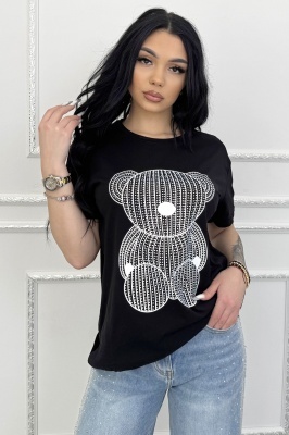 Tricou de dama din bumbac, Lumibear cu pietre si imprimeu, Negru