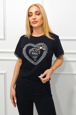 Tricou de dama imprimat AMOO, cu funda si paiete, FALL Love Negru
