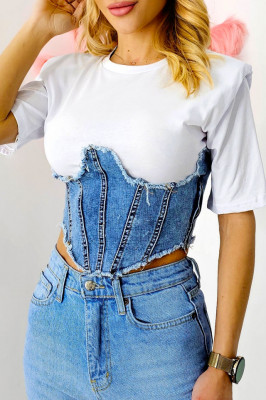Tricou tip bustiera Khena, cu panou din denim si umeri evidentiati 2
