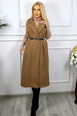 Vesta lunga de dama SILVANA, cu brosa si curea incluse, Maro, Marime S/M/L
