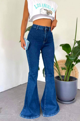 Blugi dama Merida, cu super elastan si lungime oversize evazata, Albastru inchis 1
