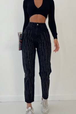 Blugi dama Pierre, momfit, cu talie inalta si strasuri aplicate, Negru