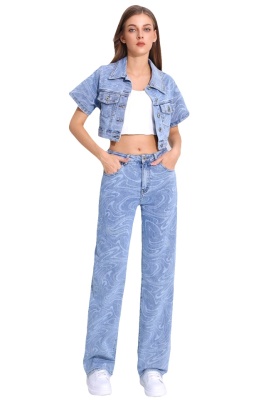 Blugi de dama Phoenix Wave, croiala relaxed fit, cu imprimeu geometric, Albastru  