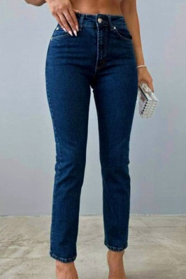 Blugi mom fit Acapulco, cu talie inalta si usor elastici, Albastru indigo 1