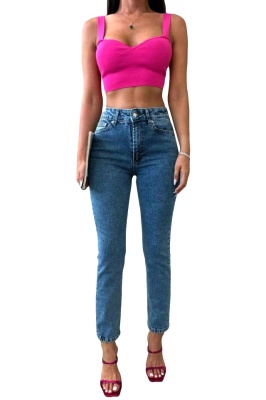 Blugi mom fit Acapulco, cu talie inalta si usor elastici, Albastru deschis 1