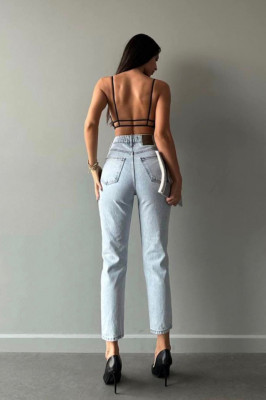 Blugi mom fit Stranger, cu talie inalta, perforatii frontale, buzunare si croiala regular fit, Albastru zapada3
