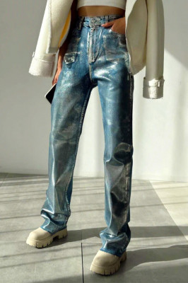 Blugi mom slimfit Scotty, cu glitter metalic in partea frontala, Albastru deschis 3