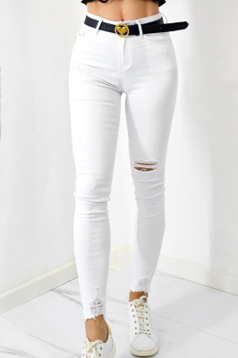Blugi skinny DARY, cu talie inalta, curea si perforatii pe linia piciorului, Alb 1