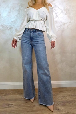 Blugi wide leg evazati Ventura, cu textura elastica, Albastru prespalat
