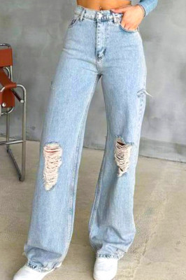 Blugi wide leg Huarez, cu perforatii simetrice la genunchi, Albastru zapada 5