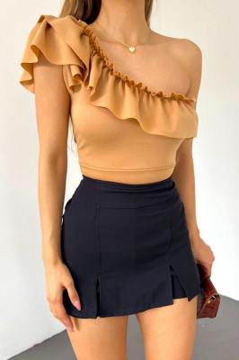 Bluza asimetrica Elara, cu umarul gol si volan oversize, Crem1