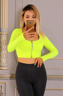 Bluza crop Catryna, cu fenta pentru deget si fermoar, Galben