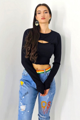 Bluza crop Sienna, cu decolteu decupat si maneca cu fenta/deget, Negru 3