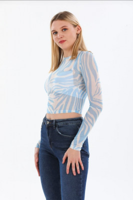Bluza crop Valery, cu textura transparenta si maneca lunga, Albastru1