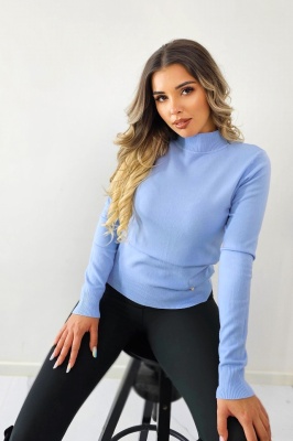 pulover dama cu guler inalt albastru deschis