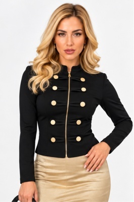 Bluza dama VELSIA, cambrata, cu fermoar frontal si nasturi aurii decorativi, Negru