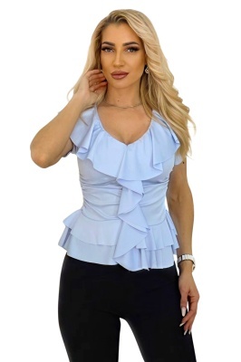 bluza feminina cu design drapat lateral si volane albastra cu maneca scurta