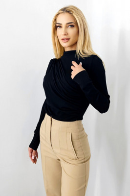 Bluza tip body Fleur, cu aspect drapat si maneca lunga, Negru, Marime S/M 3