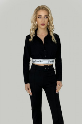 Camasa crop Saga, cu banda elastica in talie, Negru2