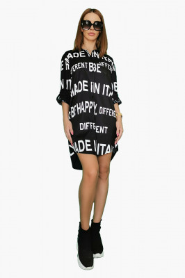 Camasa dama Be Happy neagra casual asimetrica, imprimeu cu scris4