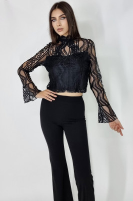 Camasa dama Smaranda, cu efect brodat si guler dantelat, Negru