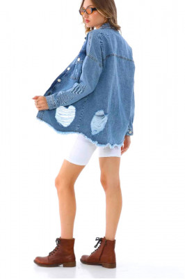 Camasa denim Sharin, croi lung, simetric si perforatii ample, Albastru spate