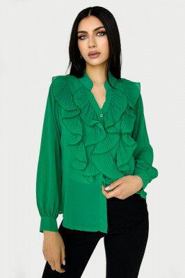 Camasa eleganta Dariana, cu textura vaporoasa, maneca lunga si volane maxi cu aspect plisat, Verde, Marime universala S/M/L1