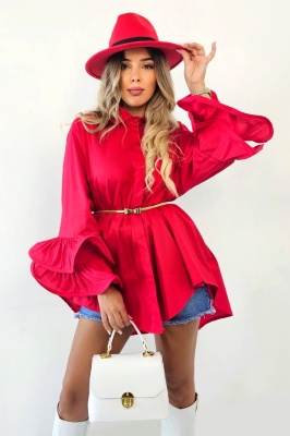 Camasa eleganta Sugar LoLLy, maneci cu volane si croi supradimensionat, Rosu, Marime S/M/L 2