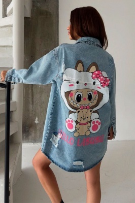 Camasa lunga denim perforat Tunik, imprimeu cu grafica realista si cromatica dinamica, HeLLo La BUBU