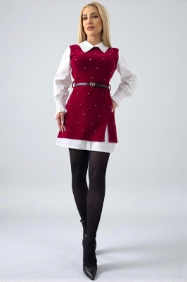 Camasa rochie Iuliana, cu sarafan aplicat si curea asortata, Rosu bordo, Marime S/M