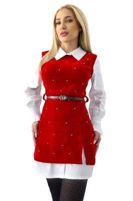 Camasa rochie Iuliana, cu sarafan aplicat si curea asortata, Rosu intens, Marime S/M